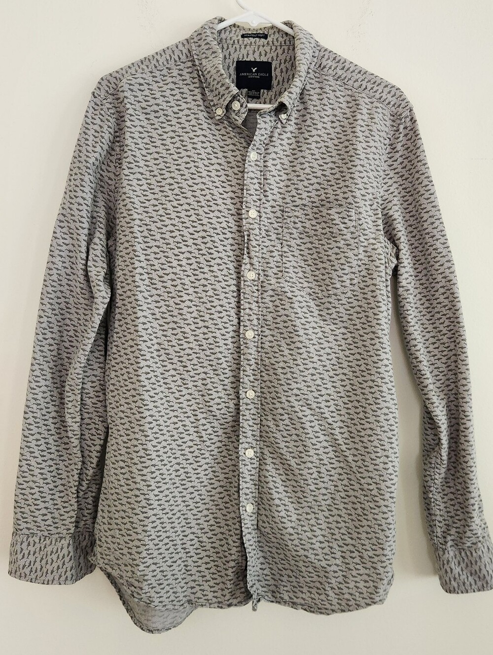 American Eagle Outfitters Light Gray Shark Patterned Button-Down Shirt
